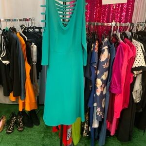 Ashley Stewart Teal Ladder-Back Long Sleeve A-Line Dress